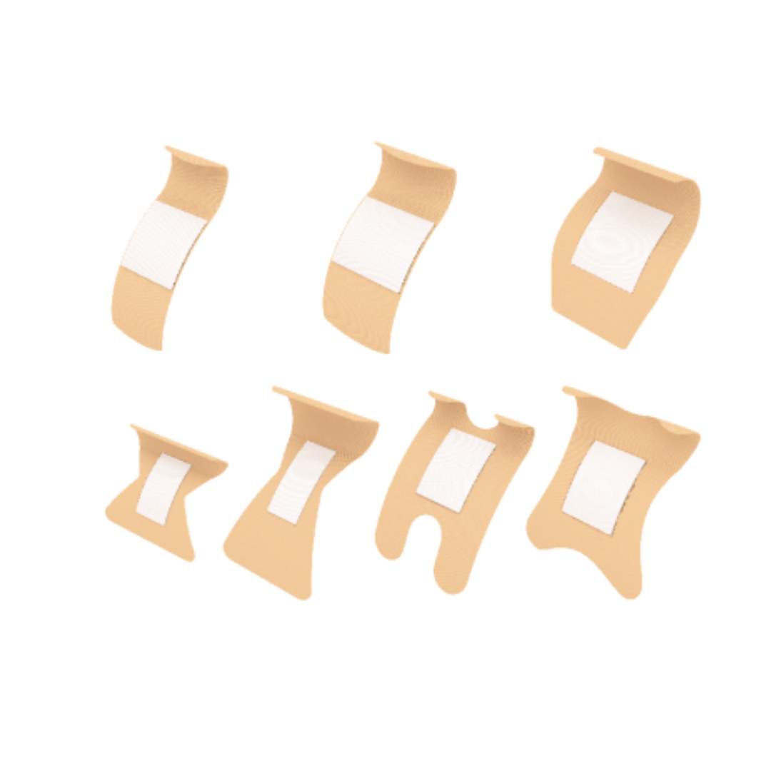 Seven assorted Dynarex DynaSafety Adhesive Fabric Bandages, each with a unique shape and design, and white pads, are displayed on a white background.